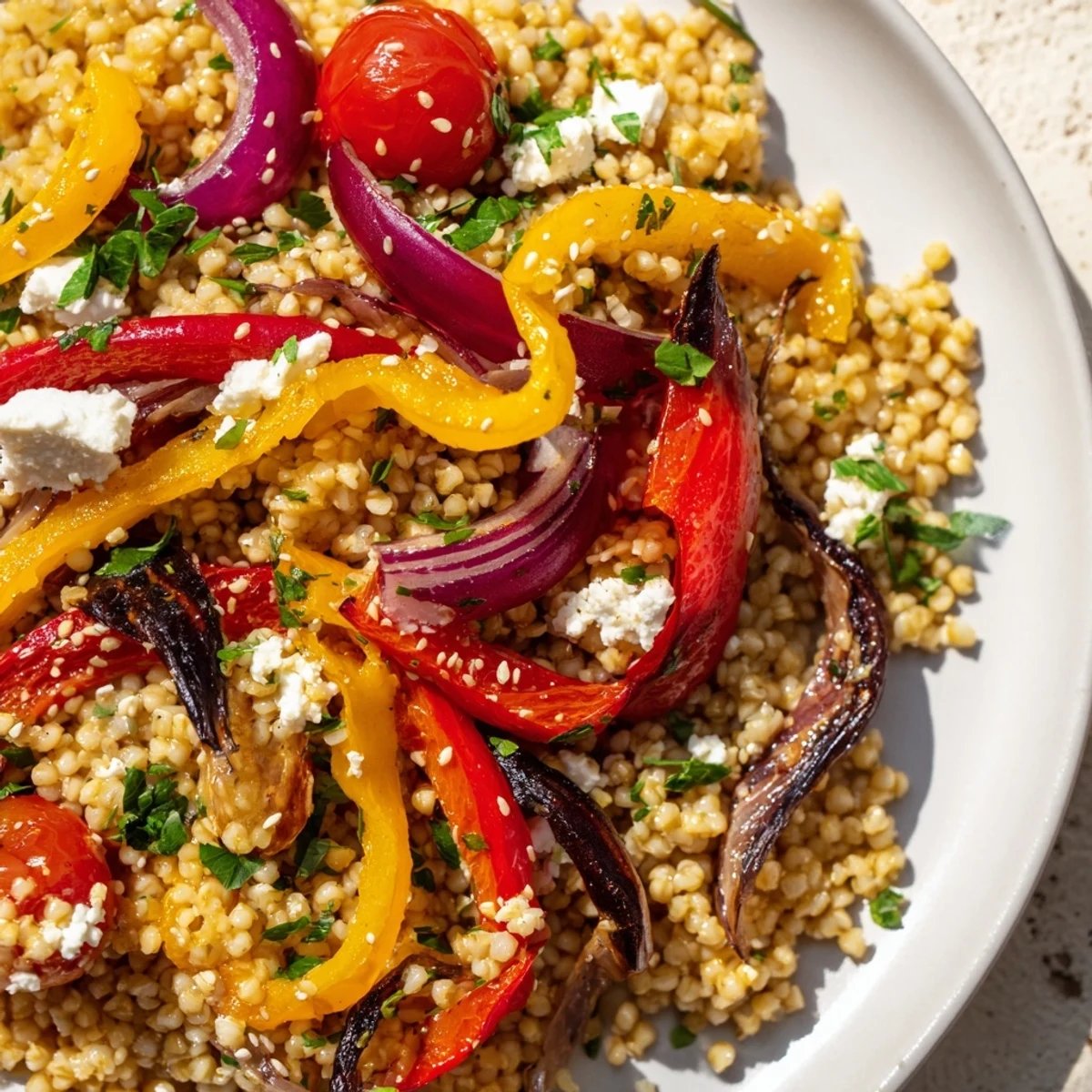 Golden roasted bell peppers glisten over fluffy bulgur in a savory miso glaze, topped with sesame seeds and fresh parsley.  