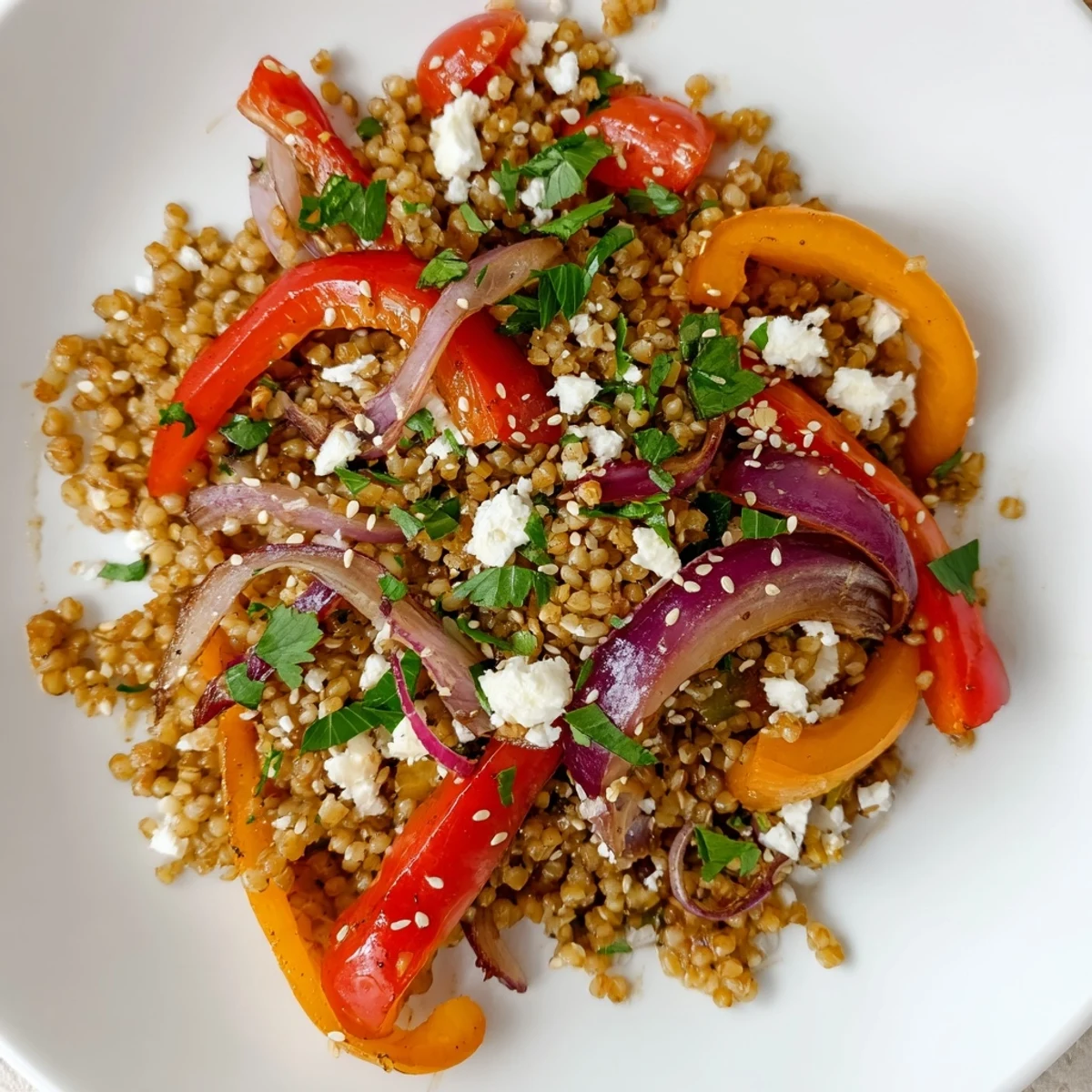 A close-up of wholesome Bulgur Miso Glazed and Roasted Pepper Salad with feta and tomatoes for a light, nutritious lunch.