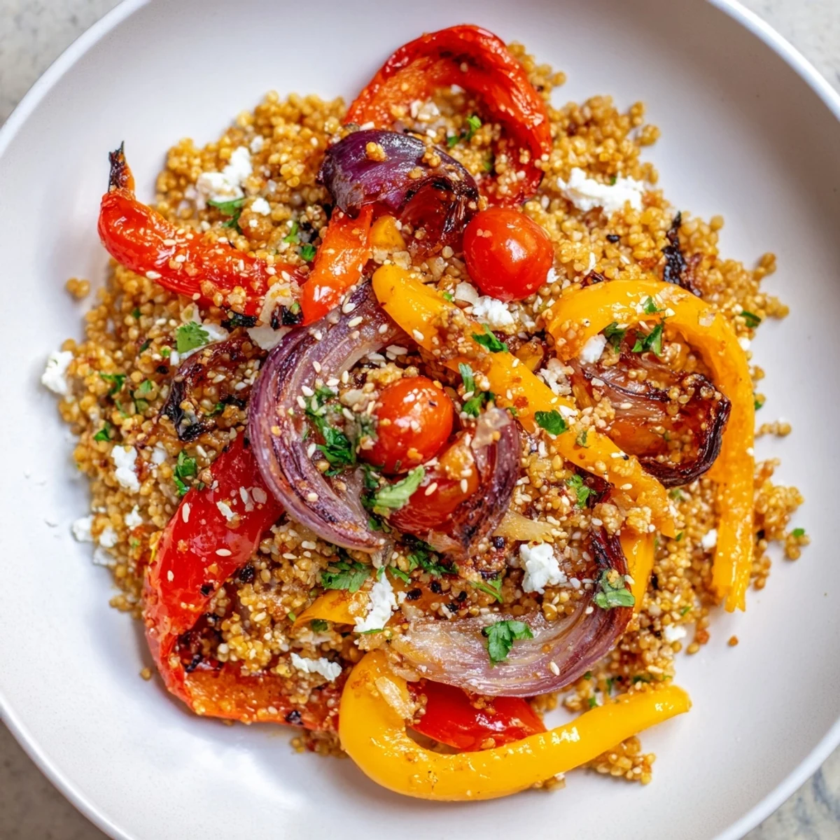 Hearty bulgur and charred roasted peppers tossed in a sweet umami miso dressing, served as a vibrant vegetarian salad.  