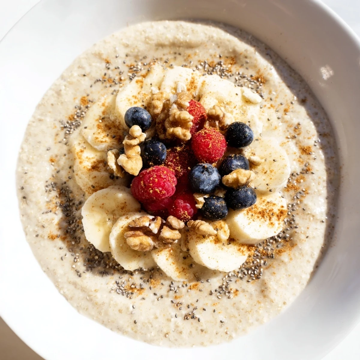 A bowl of freshly cooked Amaranth Porridge garnished with chopped almonds and a honey drizzle, steaming gently on a wooden table.