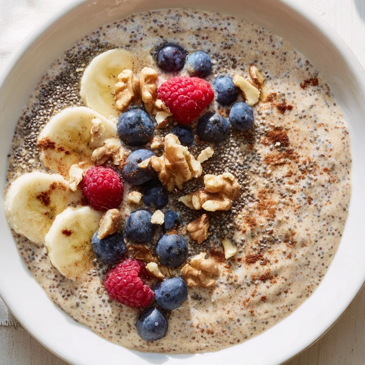 Creamy Amaranth Porridge topped with sliced bananas and berries, served warm in a rustic ceramic bowl for a healthy breakfast.