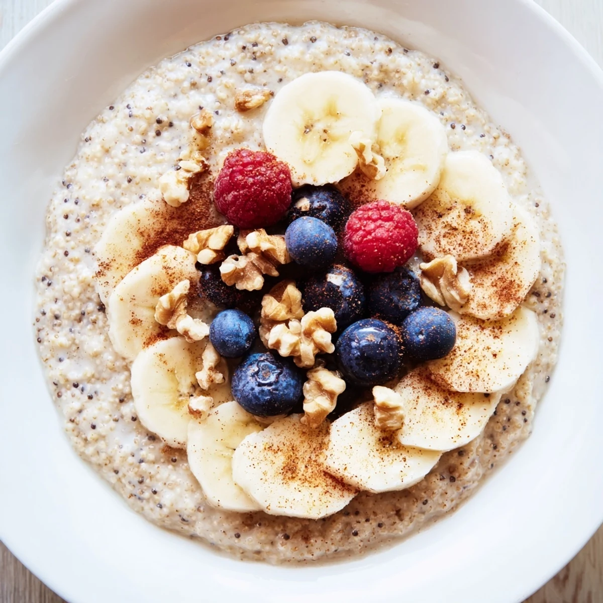 Ready-to-serve Amaranth Porridge in a white bowl, topped with fresh berries and chia seeds, ideal for a gluten-free morning meal.