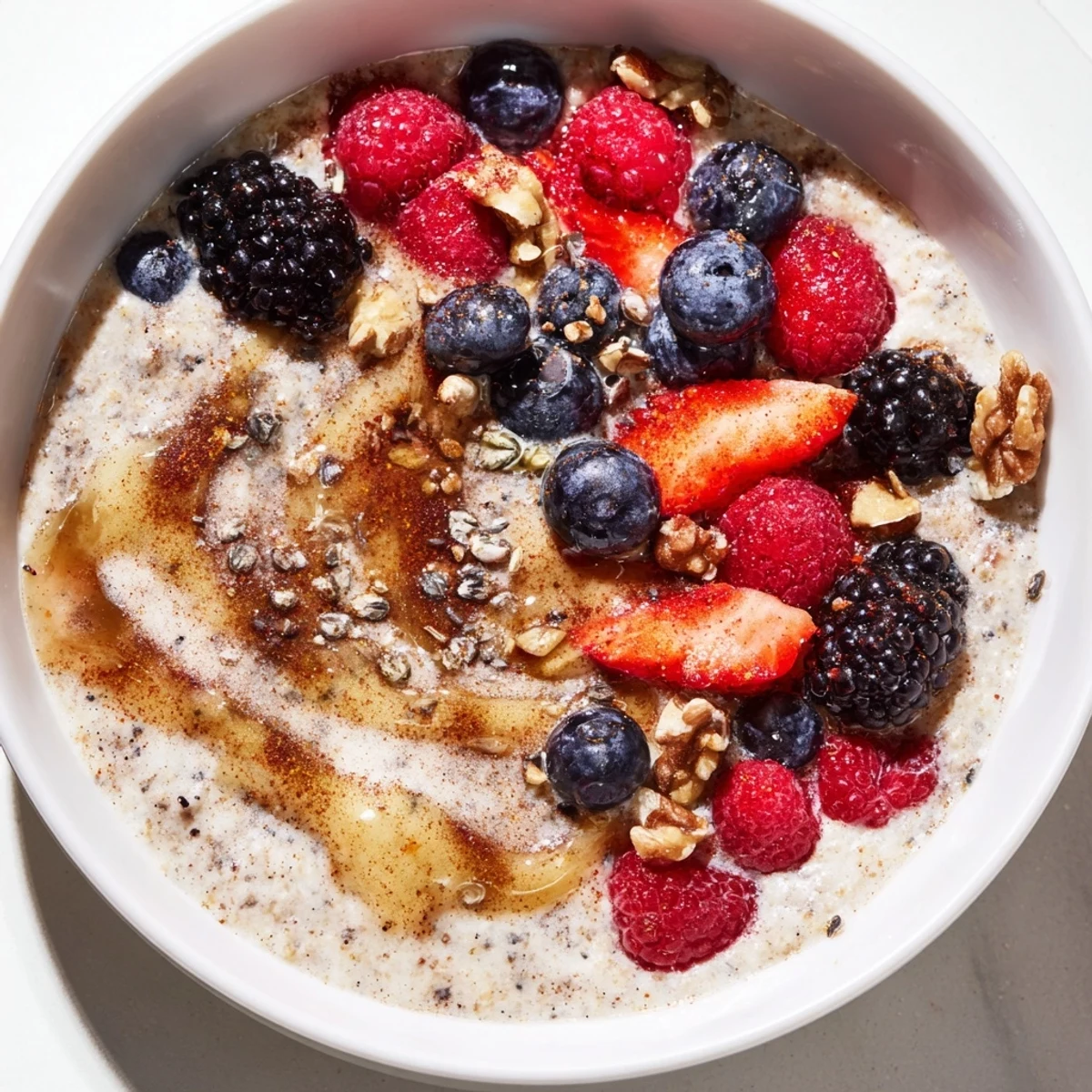 Creamy Buckwheat Cinnamon Warmed Honey-Glazed Berry Porridge topped with walnuts and warm berries.