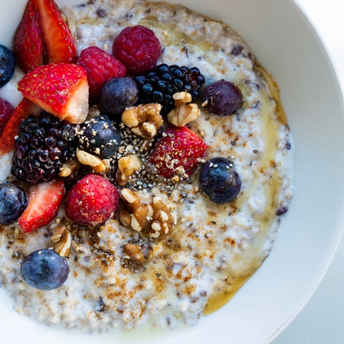 A bowl of wholesome Buckwheat Cinnamon Warmed Honey-Glazed Berry Porridge with chia seeds and drizzling honey.