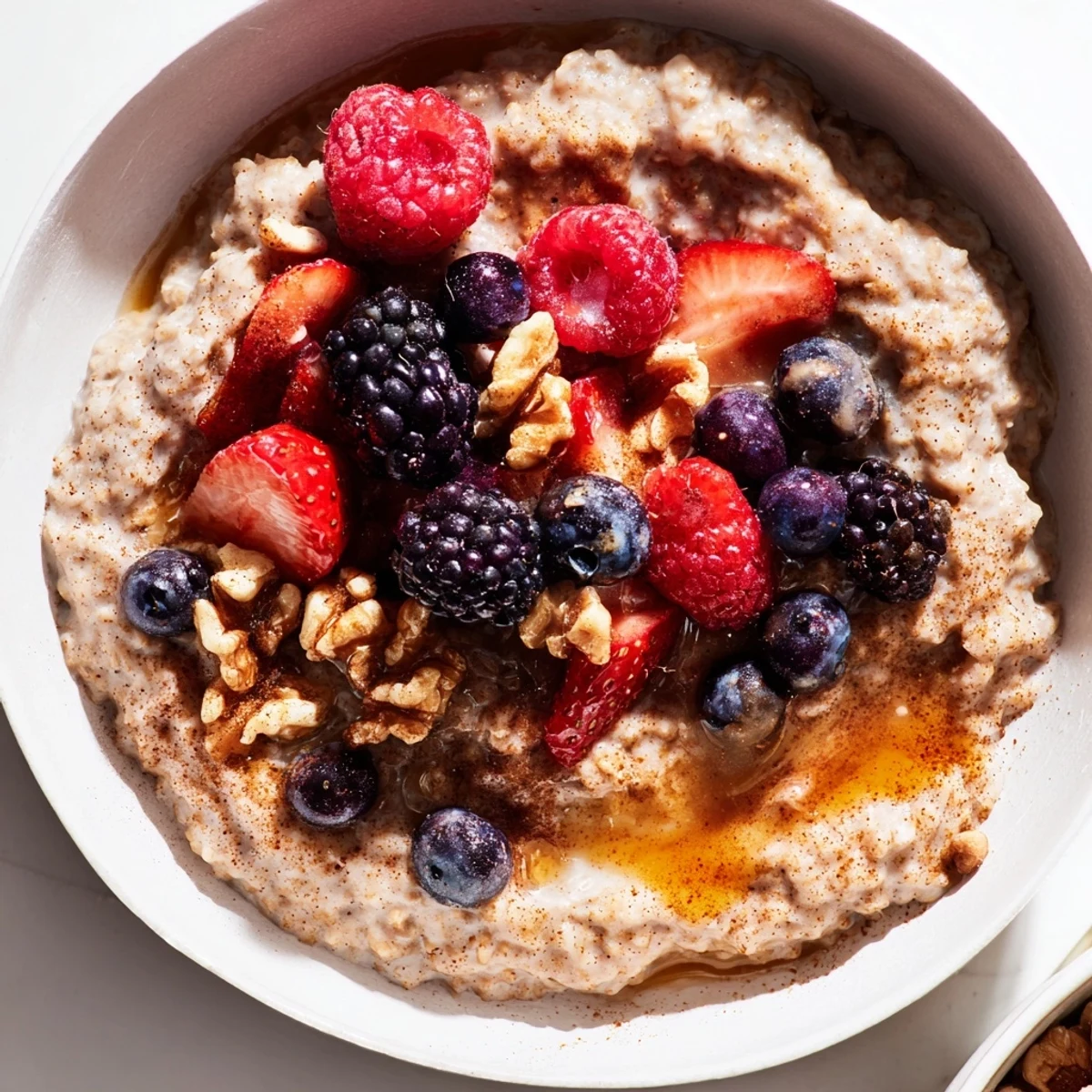 Steaming Buckwheat Cinnamon Warmed Honey-Glazed Berry Porridge served with a dollop of yogurt and a hot mug of tea.