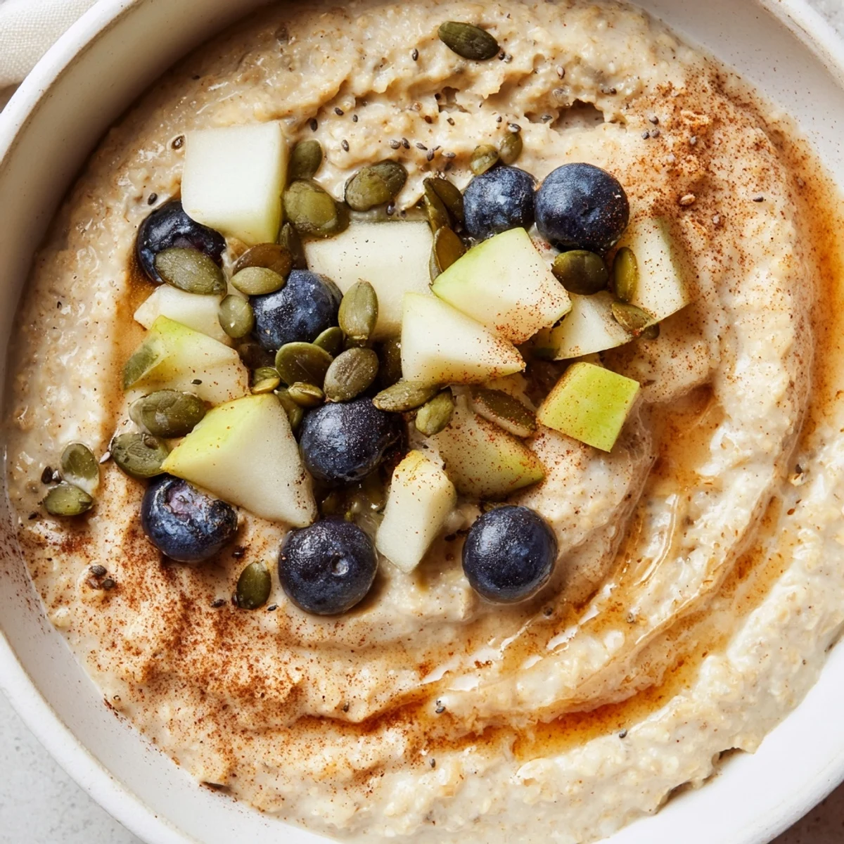Hearty Banana-Free Porridge with cinnamon and maple syrup, finished with chia seeds and nuts, ready to serve for a cozy vegan morning.
