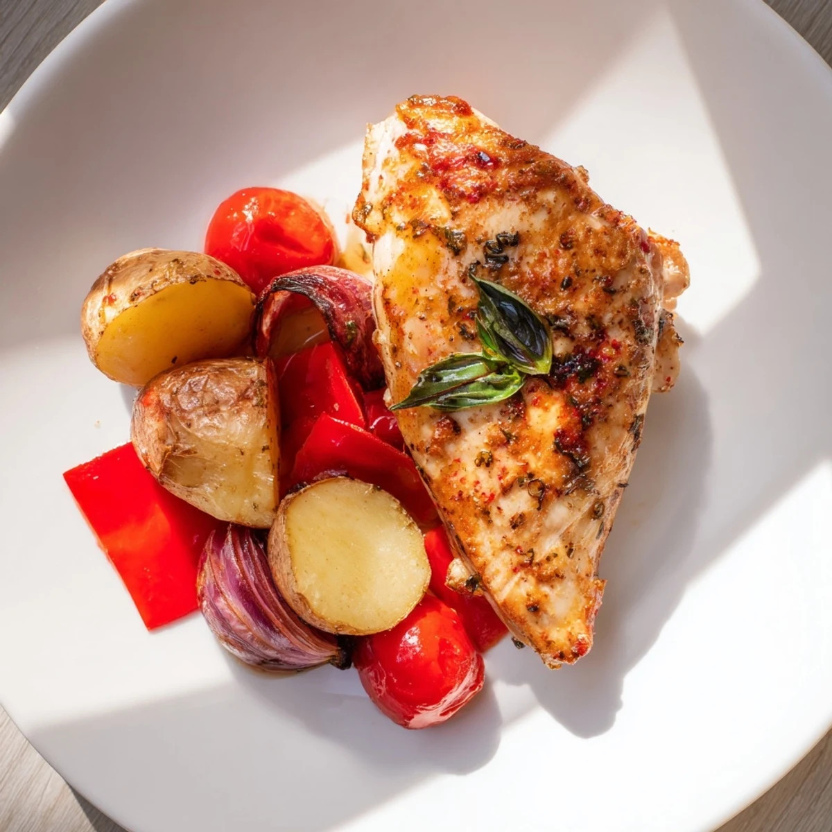 Golden-brown Lemon Basil Chicken Hearty breasts roasted on a sheet pan with vibrant cherry tomatoes and potatoes.