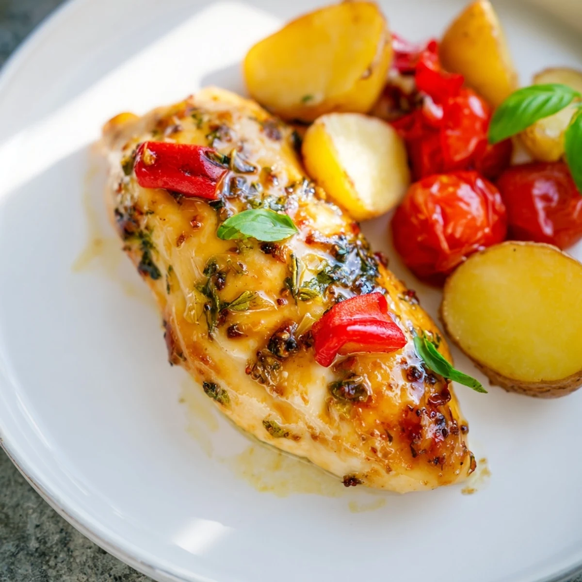 Sizzling Lemon Basil Chicken Hearty fresh from the oven, garnished with basil leaves and lemon slices, served over roasted veggies.