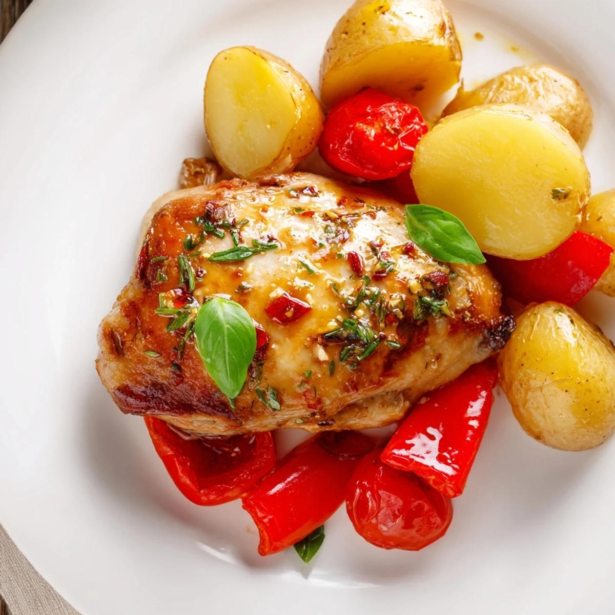 A rustic plate of Lemon Basil Chicken Hearty with tender chicken and colorful roasted vegetables, perfect for a weeknight dinner.