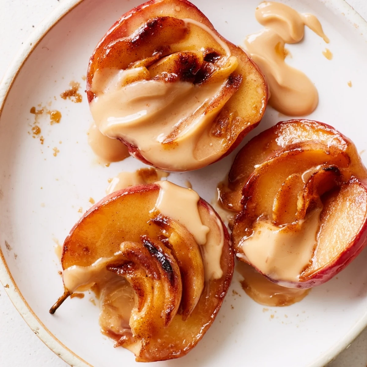 Gooey baked molasses caramelized apple with tahini drizzle glows warmly on a serving plate, ready to enjoy.  