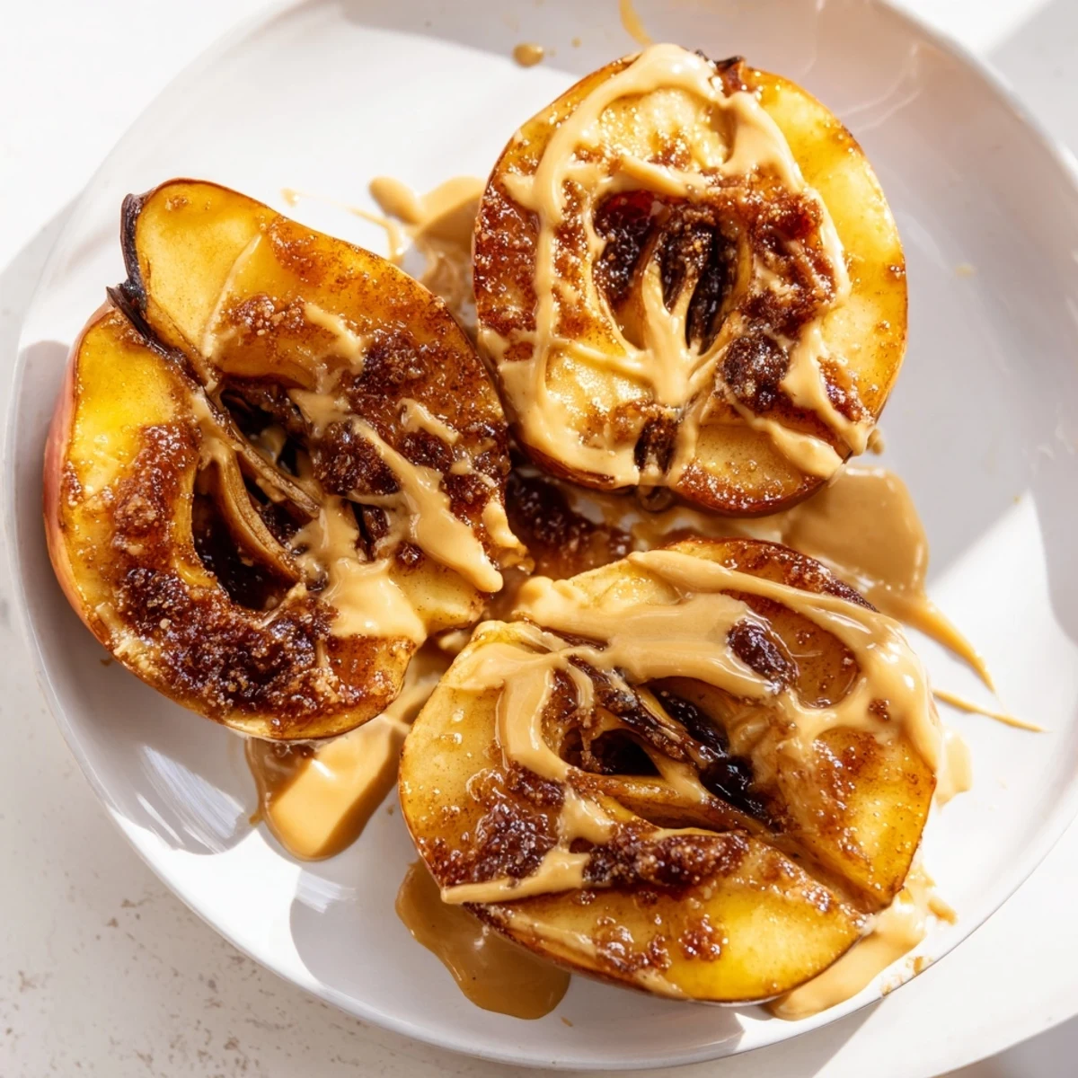 Cinnamon and nutmeg spice tender baked molasses caramelized apple with tahini drizzle, perfect for cozy fall desserts.  