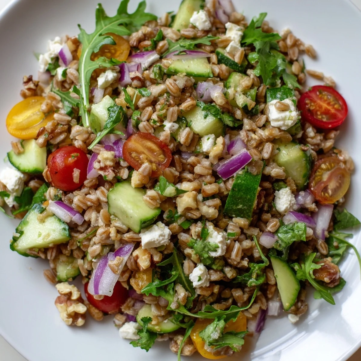 Toasted farro salad with feta, walnuts, and fresh vegetables in a white bowl.