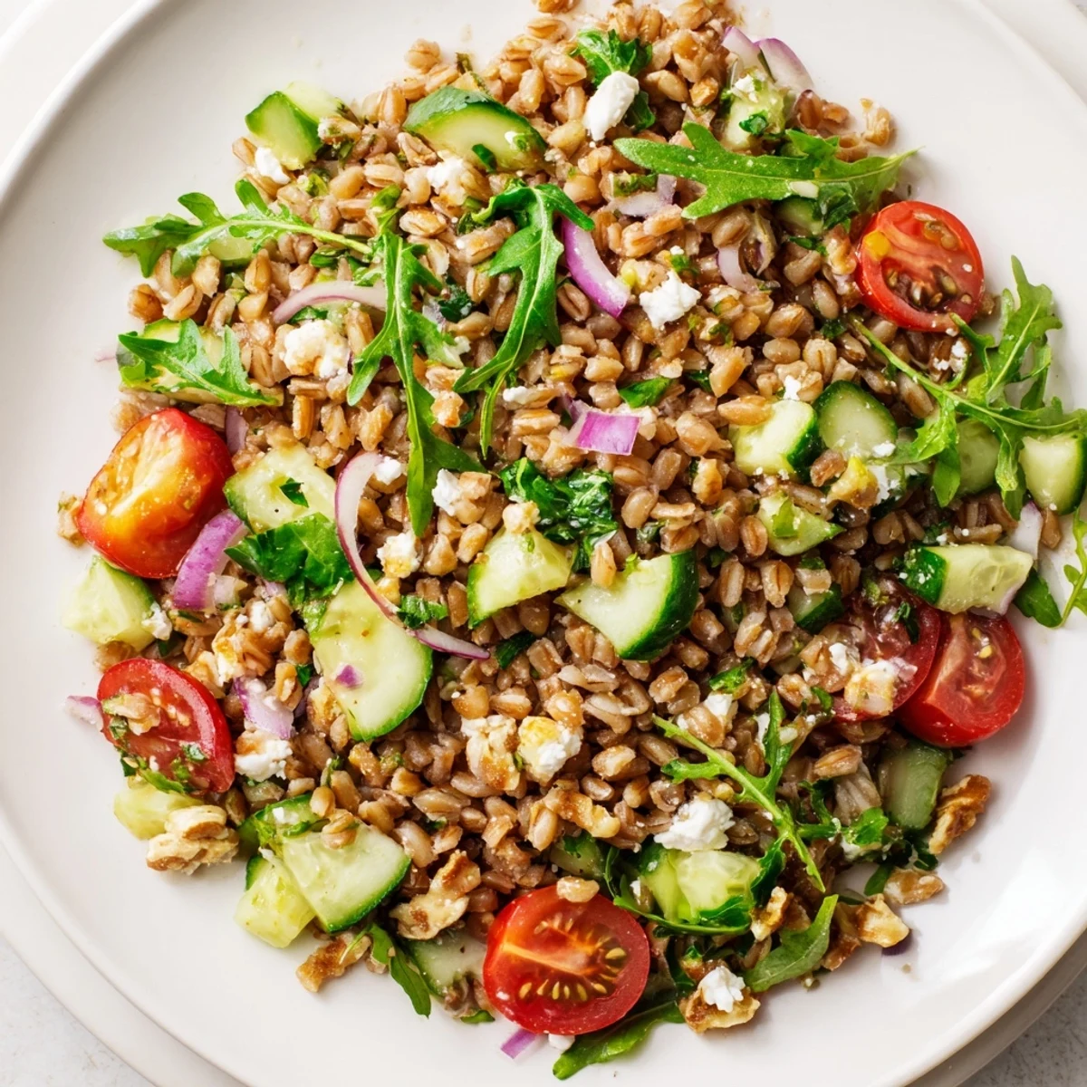 A hearty Mediterranean-inspired toasted farro salad with crunchy nuts and zesty lemon vinaigrette.