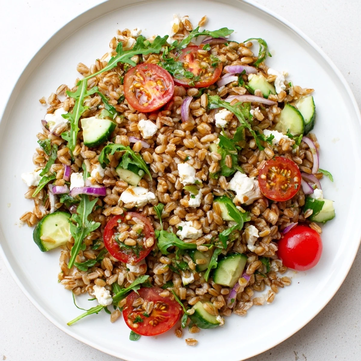 Healthy toasted farro salad with arugula and tomatoes, served as a vibrant side dish.