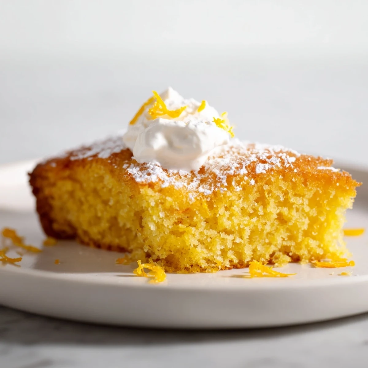 A freshly baked Fresh Citrus Ginger Scented Olive Oil Citrus Cake dusted with powdered sugar and vibrant orange zest.
