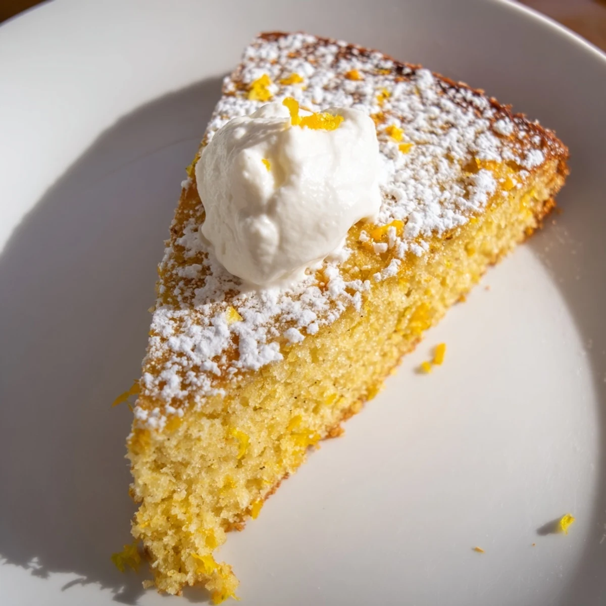 Slice of Fresh Citrus Ginger Scented Olive Oil Citrus Cake served with a dollop of whipped cream on a rustic plate.