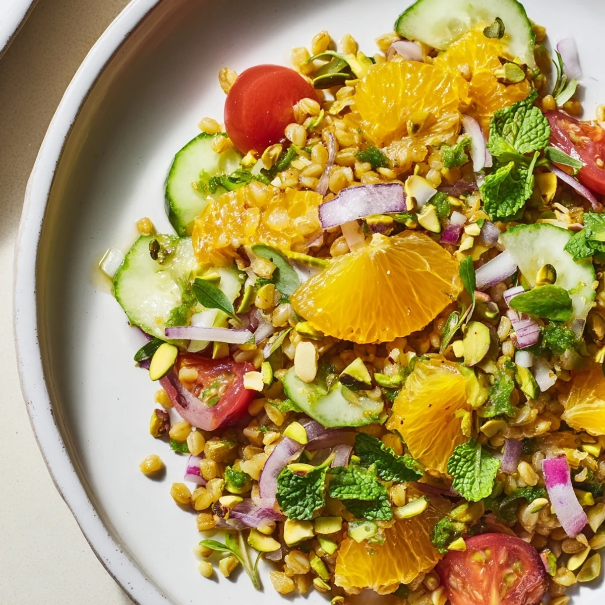 Golden Freekeh Salad with Fresh Citrus on a white platter, showcasing vibrant orange and grapefruit segments, diced cucumbers, cherry tomatoes, and fresh herbs.