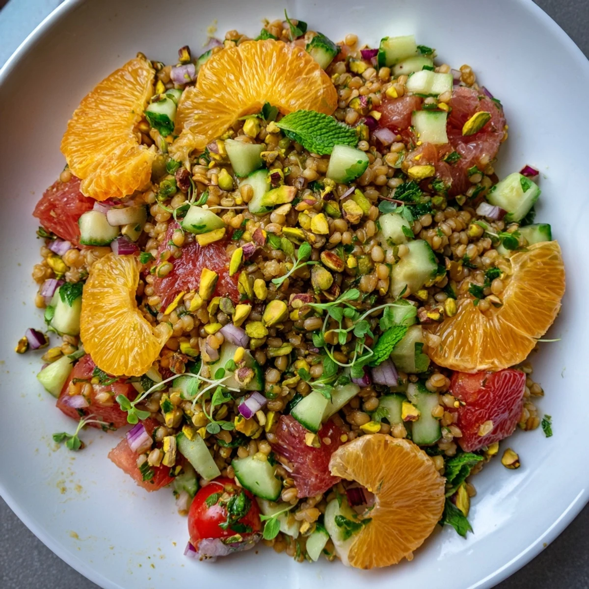 Serving suggestion for Golden Freekeh Salad with Fresh Citrus, topped with toasted pistachios and microgreens, perfect for a Mediterranean lunch.