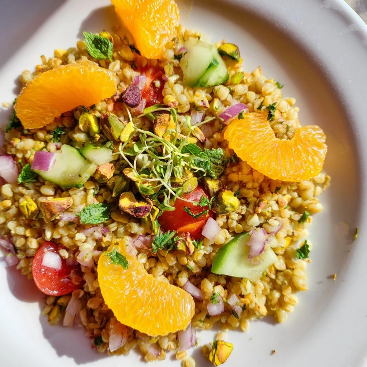A close-up of Golden Freekeh Salad with Fresh Citrus, featuring nutty grains, bright mint, parsley, and a drizzle of zesty olive oil dressing.