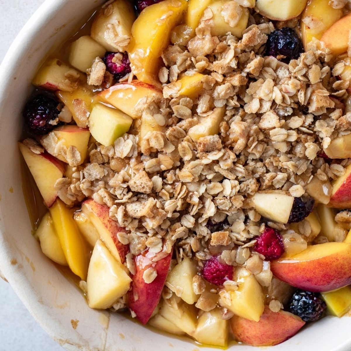 A close-up of Cozy Baked Fruit With Oat Streusel, served in a bowl with a scoop of vanilla ice cream melting on top.