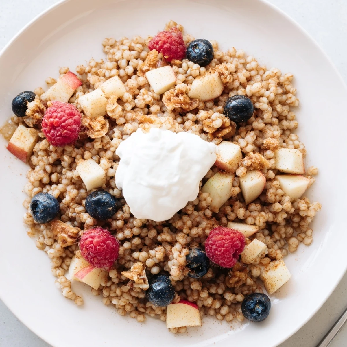Buckwheat Breakfast Bowl with Warming Spices topped with walnuts and creamy Greek yogurt