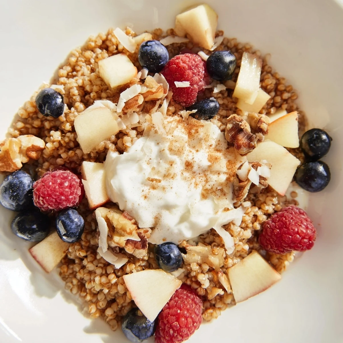 A warm Buckwheat Breakfast Bowl with Warming Spices, fluffy groats topped with nuts, coconut, and a dollop of yogurt