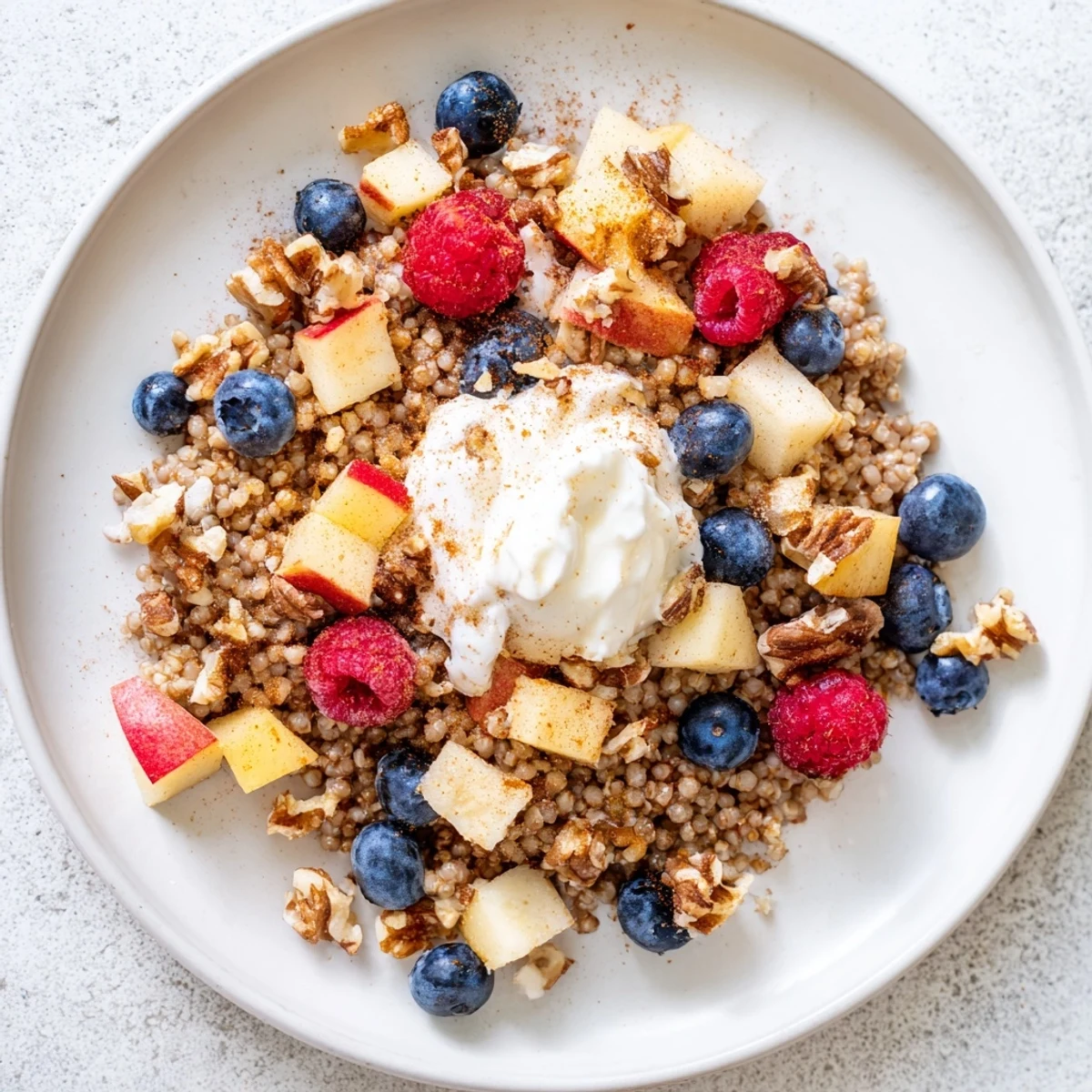 Cozy Buckwheat Breakfast Bowl with Warming Spices, gluten-free, with apples, berries, and a drizzle of maple syrup