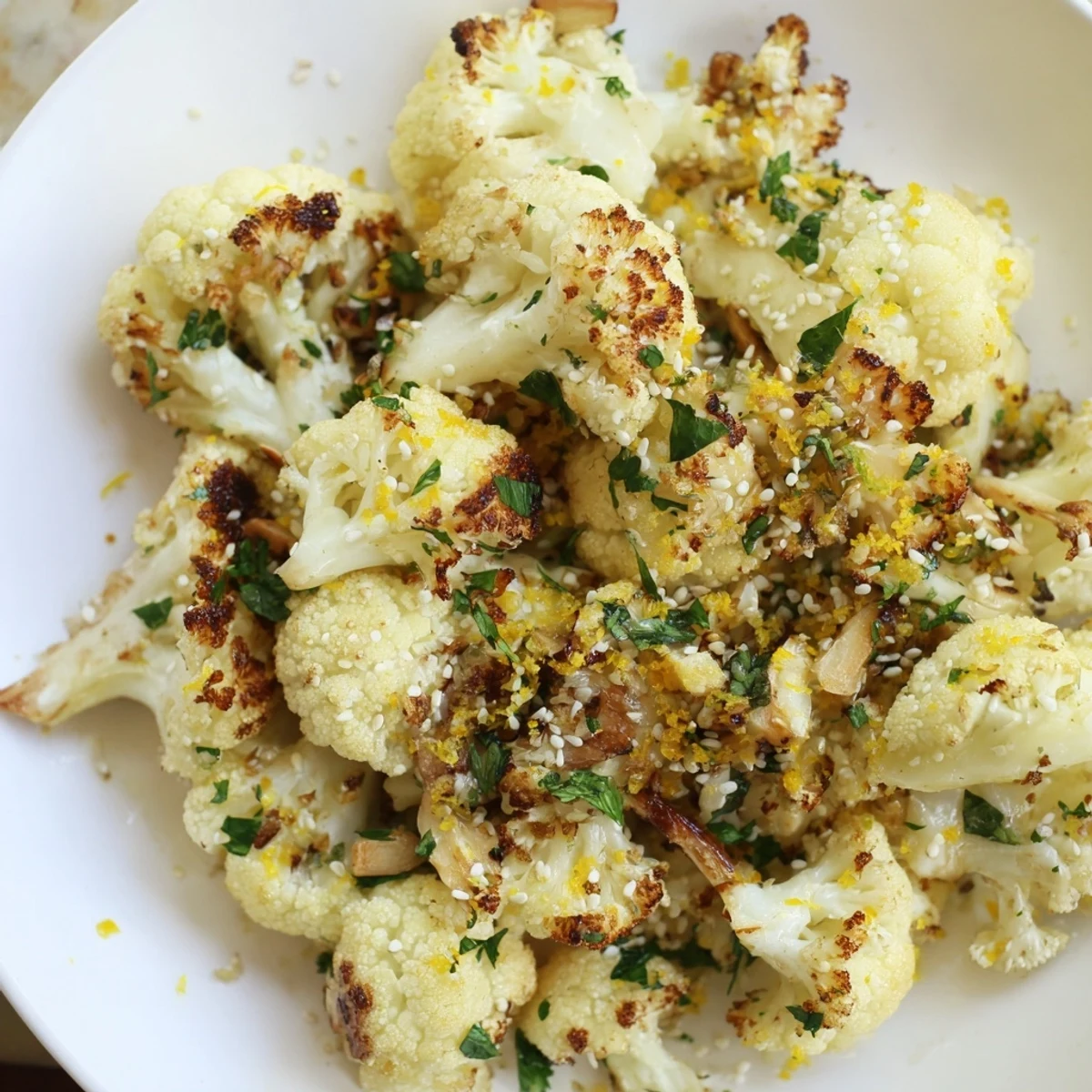 Fresh Citrus Lemony Roasted Cauliflower served warm, garnished with toasted almonds and fresh parsley on a rustic plate.