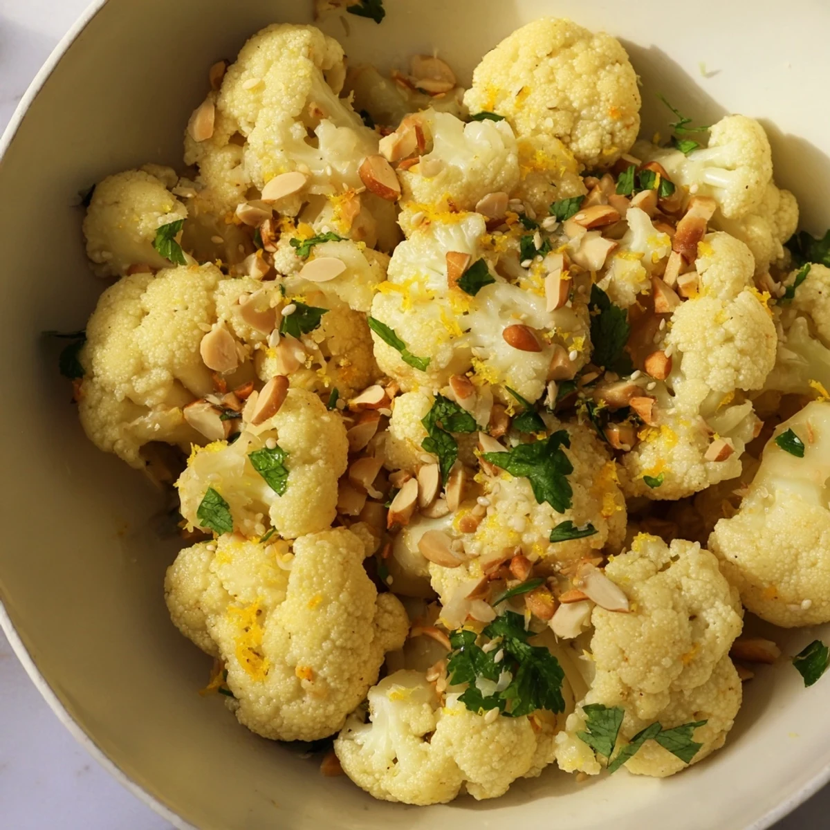 Vegan side dish: Fresh Citrus Lemony Roasted Cauliflower with toasted almond topping, ready to serve with quinoa.