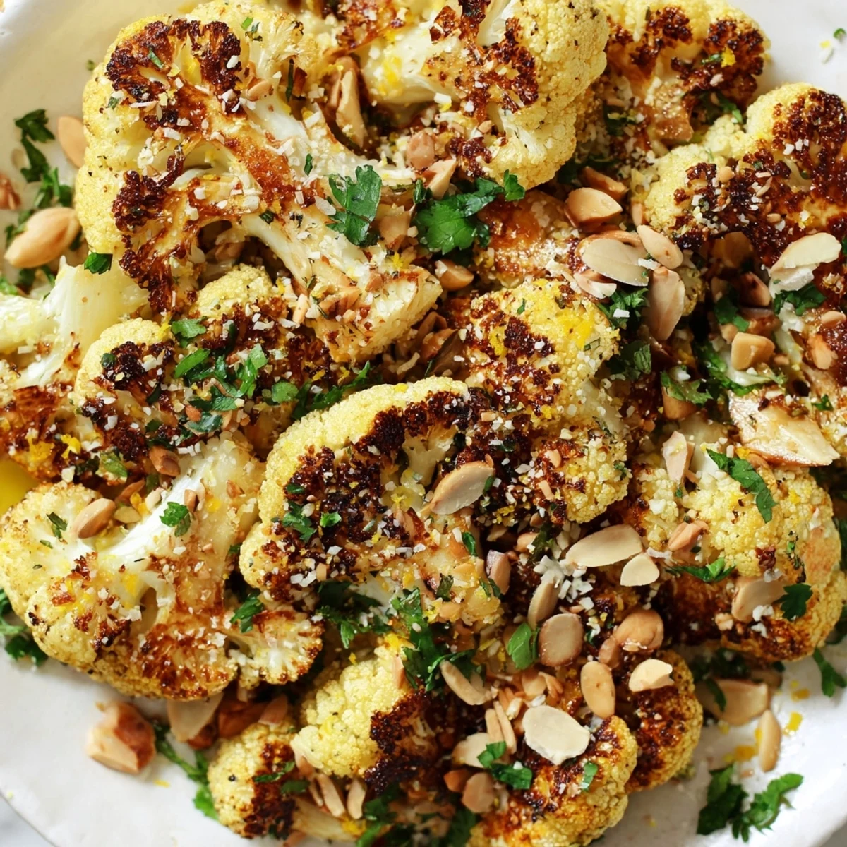Golden-brown roasted cauliflower florets tossed with lemon and orange zest, glistening with olive oil and sesame seeds.