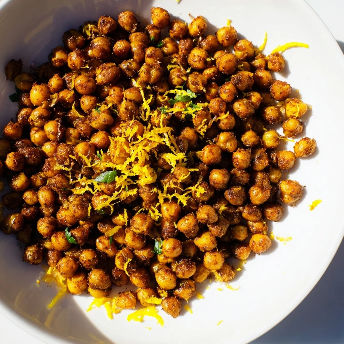Golden Cumin Roasted Chickpeas mounded on a plate, tossed with fresh lemon and orange zest for a zesty finish.