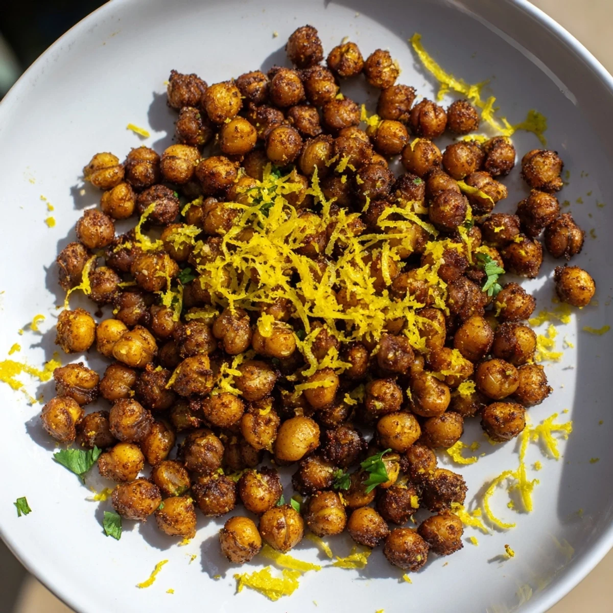 Warm Cumin Roasted Chickpeas sprinkled with herbs, paired with citrus wedges for a bright, healthy Mediterranean treat.