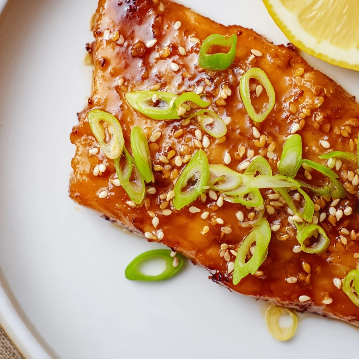 Perfectly baked Miso Maple Kissed Glazed Cod fillets with a glossy, caramelized finish, garnished with sesame seeds and fresh green onions.  