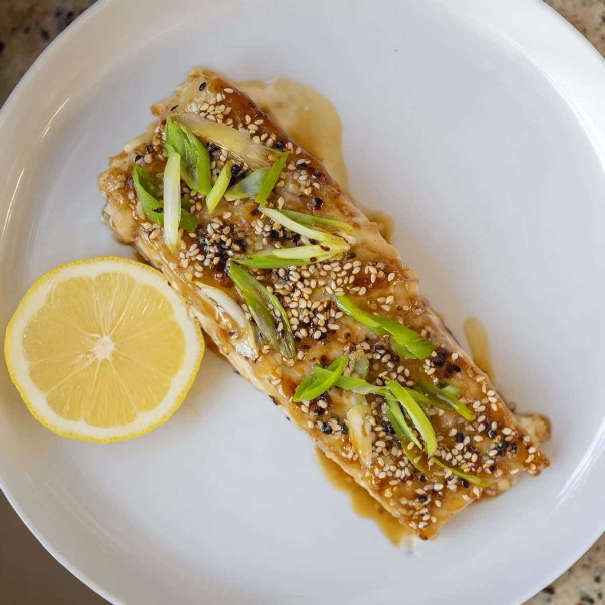 A close-up of succulent Miso Maple Kissed Glazed Cod resting on a plate, showcasing its tender texture and rich, savory glaze.  