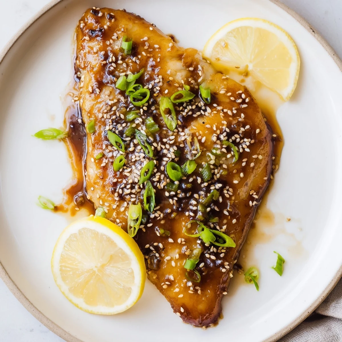 Beautifully plated Miso Maple Kissed Glazed Cod served with lemon wedges, steamed rice, and sautéed greens for a complete meal.