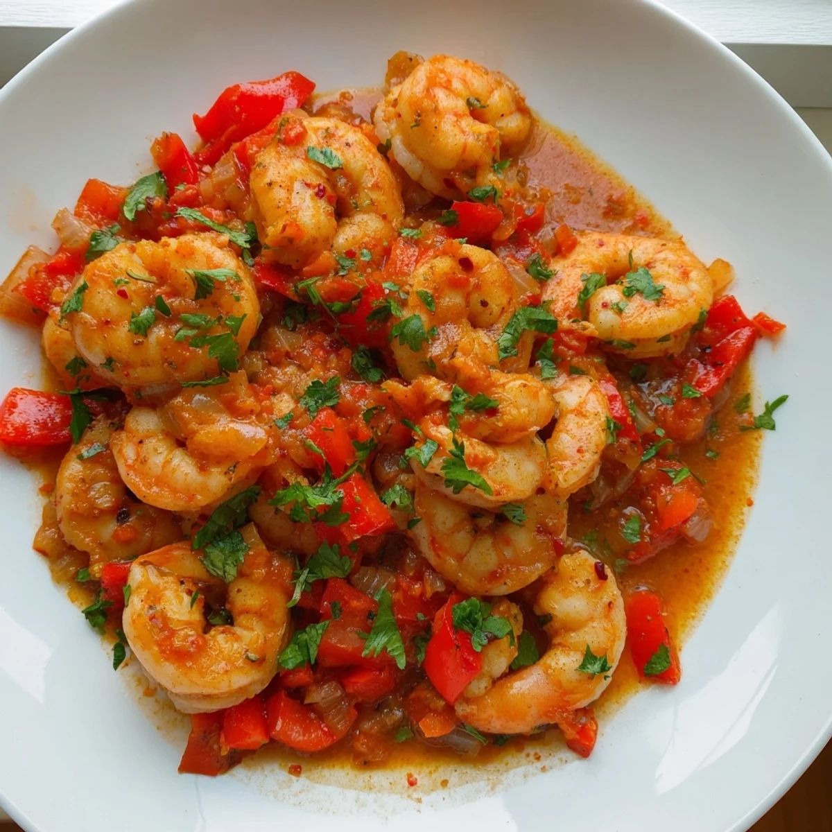 Juicy, pink Garlic Spiced Hearty Chili Shrimp simmered in a rich, tomato-based sauce, garnished with fresh cilantro.
