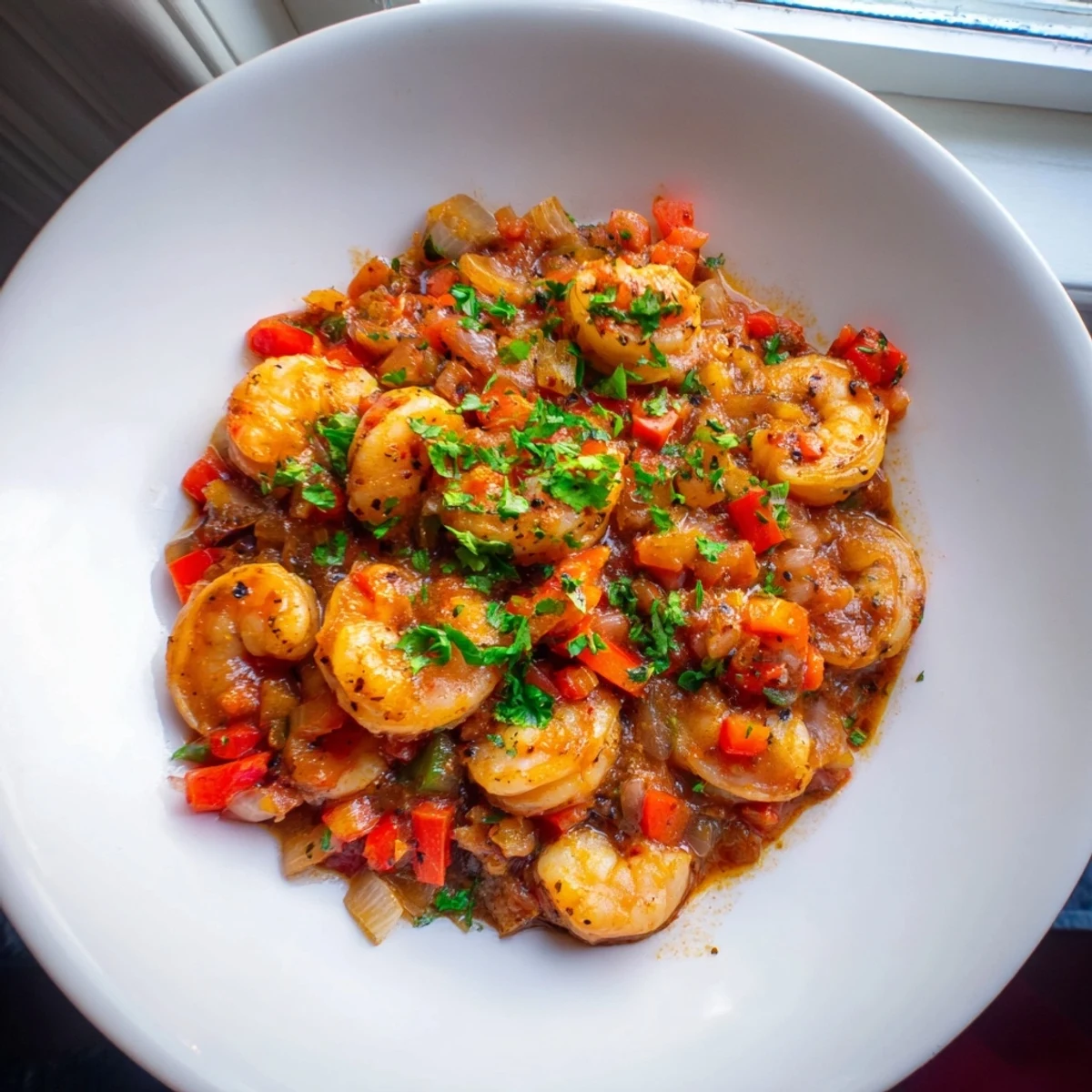 Garlic Spiced Hearty Chili Shrimp sautéed with onions, bell peppers, and jalapeños in a warm, smoky spice blend.