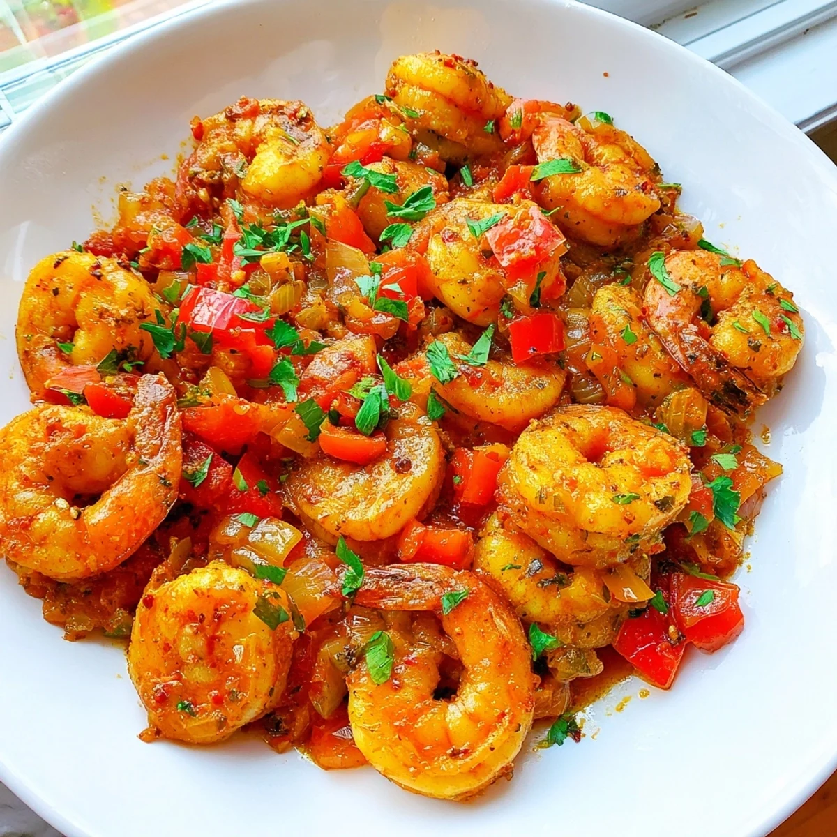 Tender Garlic Spiced Hearty Chili Shrimp served steaming hot, perfect over rice or with crusty bread for dinner.