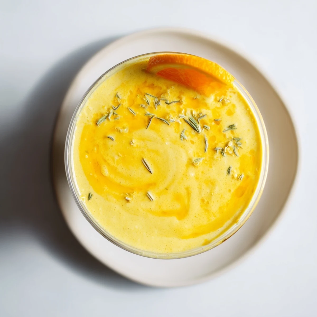 Two golden bananas and bright orange segments blend with almond milk for a creamy, tropical base in this Turmeric Rosemary Fragrant Banana Smoothie.  