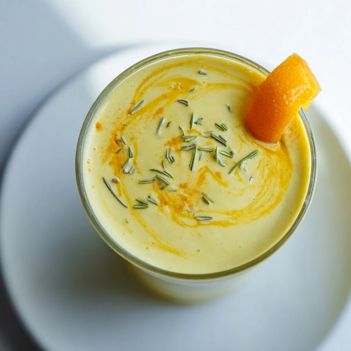Vibrant yellow and orange hues swirl in a tall glass of Turmeric Rosemary Fragrant Banana Smoothie, ready for a refreshing sip.