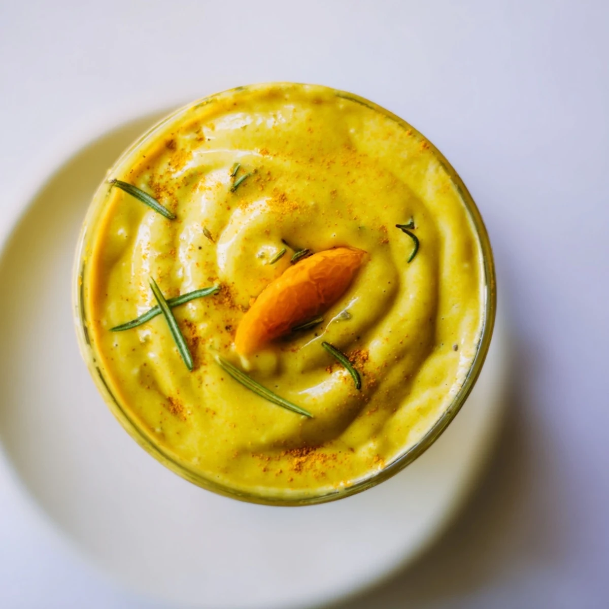 A close-up shows a chilled glass of Turmeric Rosemary Fragrant Banana Smoothie garnished with a fresh rosemary sprig and cinnamon dust.  