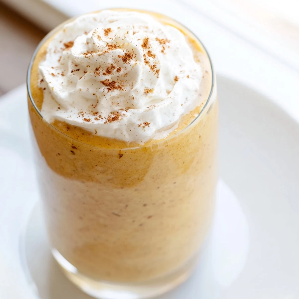 A glass of creamy pumpkin spice smoothie, topped with whipped cream and a dusting of cinnamon, perfect for a cozy autumn morning.