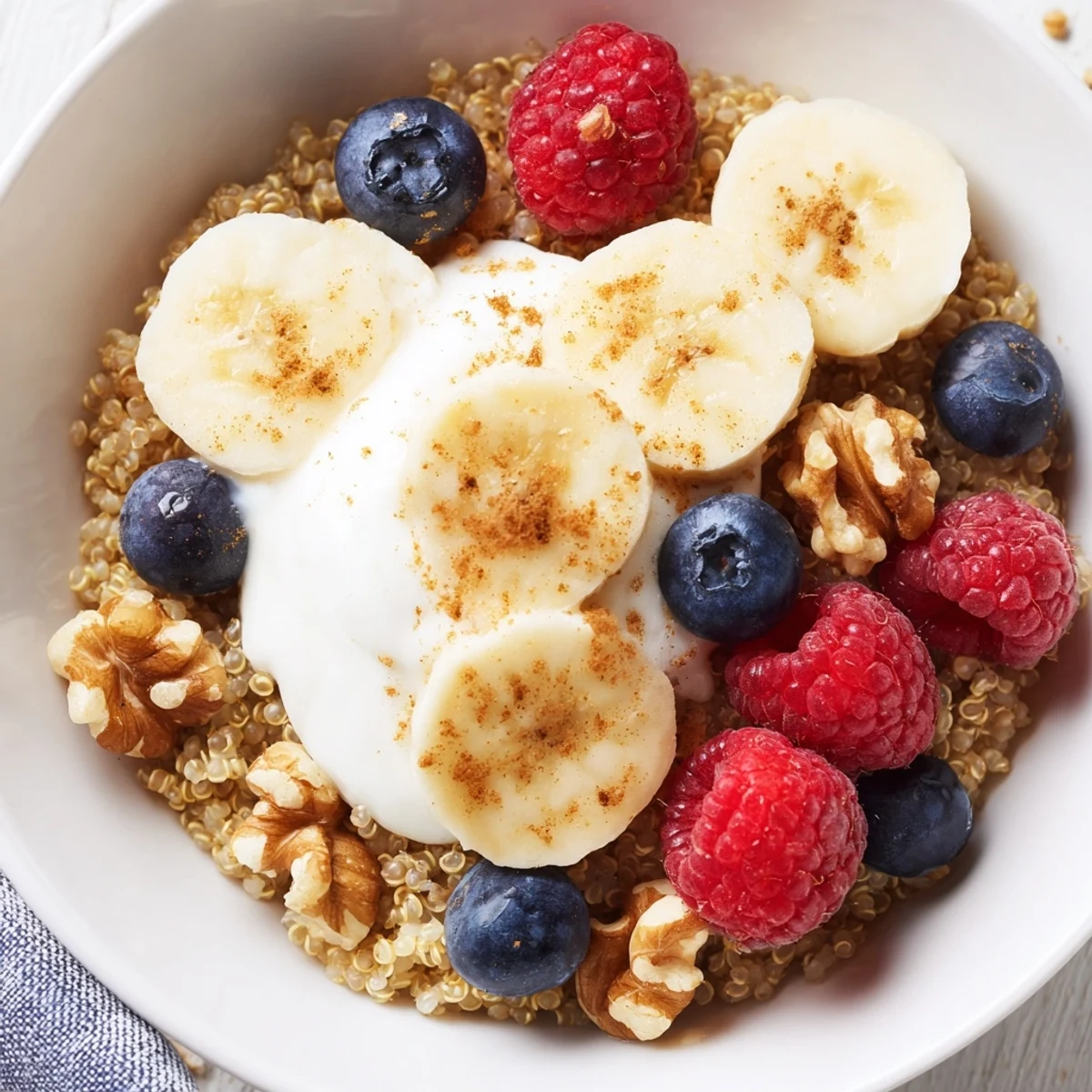 Fluffy quinoa in a honey glazed breakfast bowl topped with fresh berries, banana slices, and crunchy nuts for a wholesome morning meal.