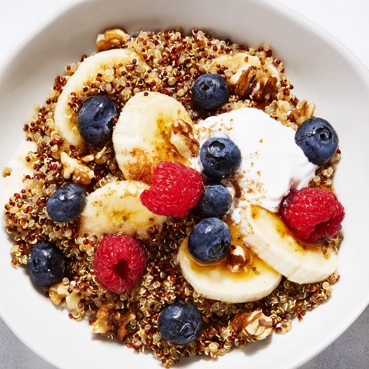Enjoy a warm quinoa honey glazed breakfast bowl with mixed berries, chopped almonds, and a hint of cinnamon, perfect for a healthy start.