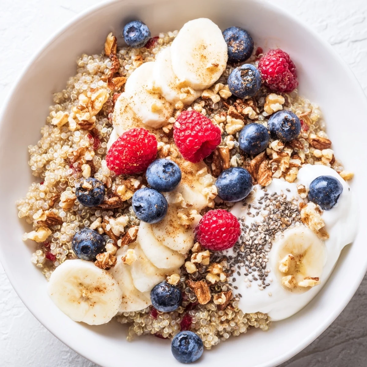 A nourishing quinoa honey glazed breakfast bowl drizzled with honey and sprinkled with chia seeds, served with creamy yogurt and sliced bananas.