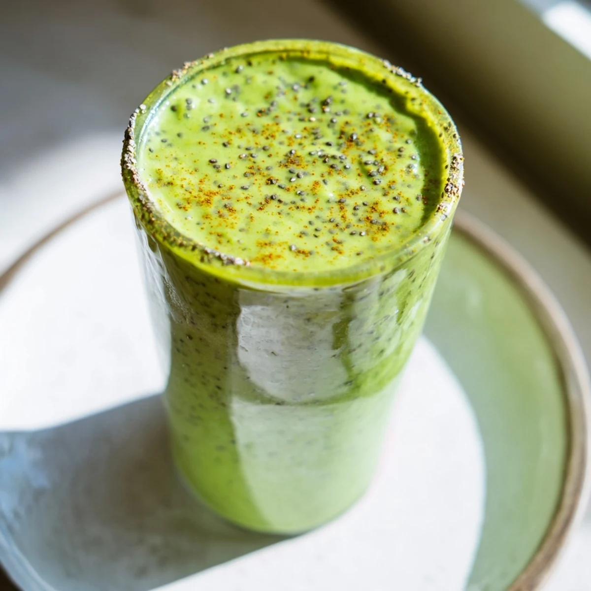 Creamy Comforting Spiced Green Immune Smoothie in a tall glass, garnished with a cinnamon stick and fresh spinach leaves.  