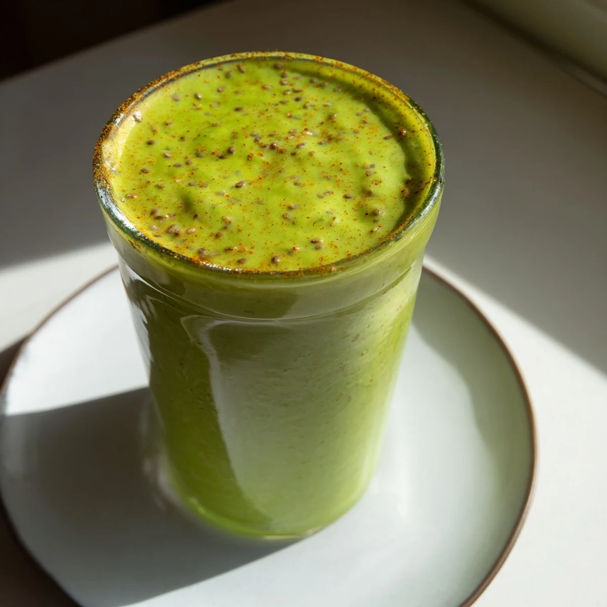 A refreshing Comforting Spiced Green Immune Smoothie served beside whole-grain toast for a nourishing vegan breakfast.