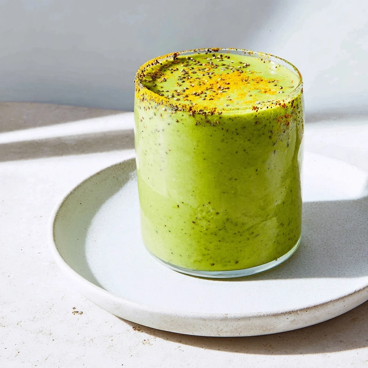Vibrant green Comforting Spiced Green Immune Smoothie with pineapple chunks and chia seeds blending into a frothy glass.  