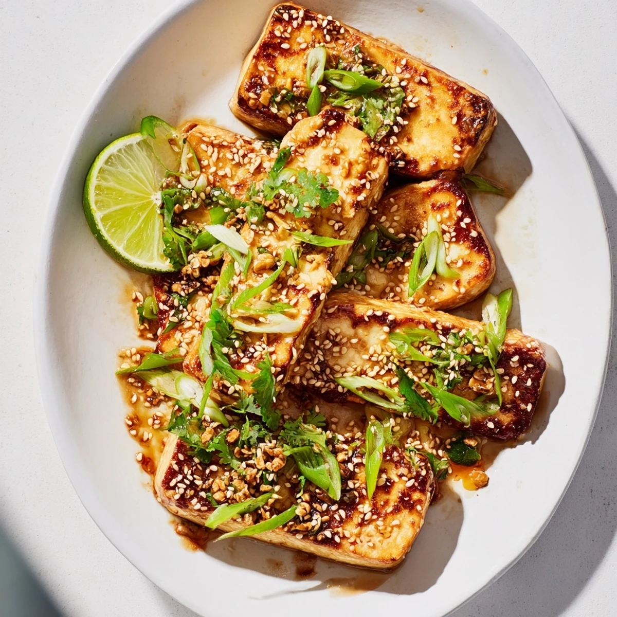 Golden seared Ginger Lime Tofu Steaks on a plate with lime wedges and fresh cilantro garnish.  