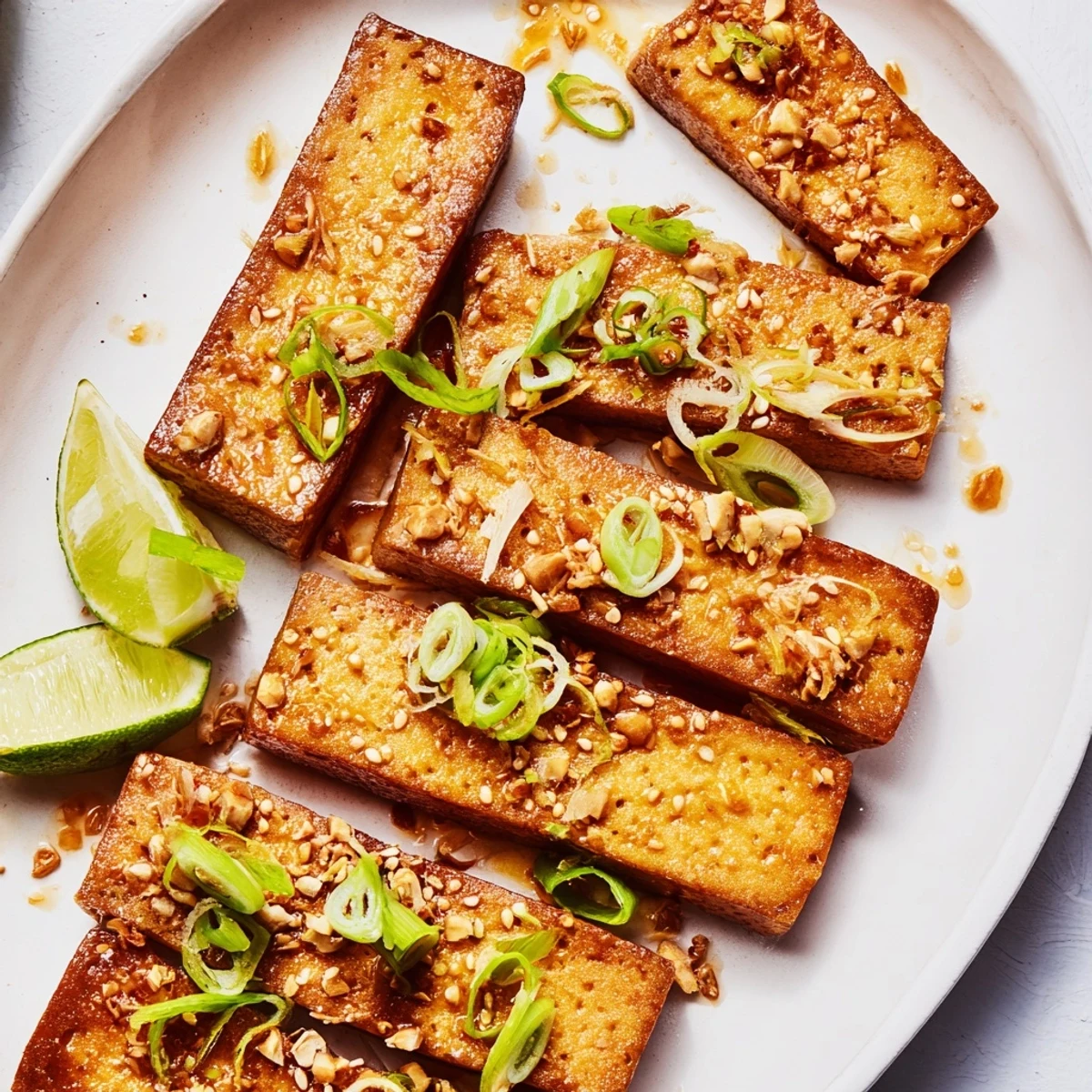 Vegan Ginger Lime Tofu Steaks served over fluffy rice with green onions and sesame seeds.  